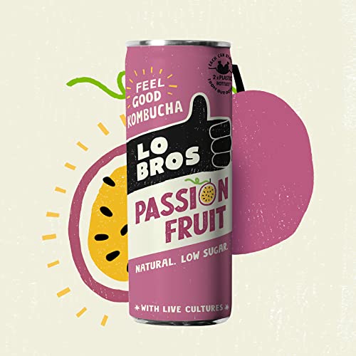 Lo Bros Kombucha - Passionfruit - Sparkling Refreshing Drink with Natural Ingredients and Live Cultures, Supports Gut Health, Low Sugar, Vegan, Gluten Free- 12 x 250ml