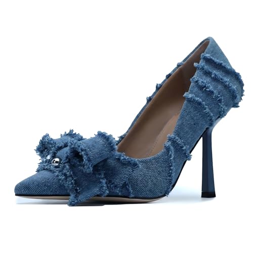 TerraStride Denim Heels for Women, Fringe Bow Pumps, Blue, 7.5