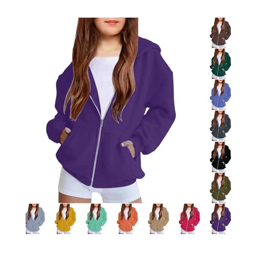 Hoodies for Girls 10-12，Girls' Zip-Up Hoodie Sweatshirt Kids Teens Lightweight Long Sleeve Hooded Jacket with Pockets(Dark Purple-2, 9-10 Years)
