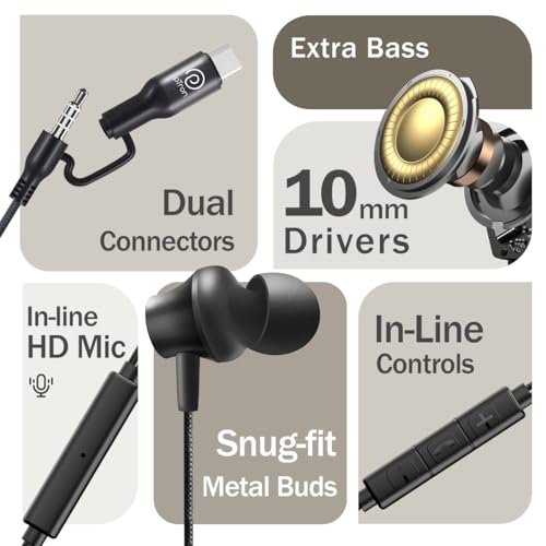 Image of pTron Boom Play X5 in-Ear Wired Earphones w /Type-C & 3.5mm Aux Connectors, 10mm Drivers for Pristine Sound, HD Mic for Clear Calls, in-line Controls,1.2m Tangle-Free Cable & Wide Compatibility (Onyx)