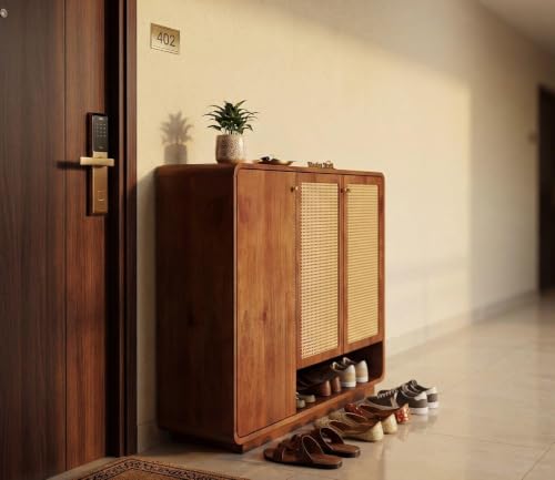 Image of Shoe Cabinet with Cane Detailing, Mango Wood, Solid Wooden Cane Shoe Rack Cabinet Storage with Shelf Storage for Entryway, Living Room, Balcony & Home (B-Hony)