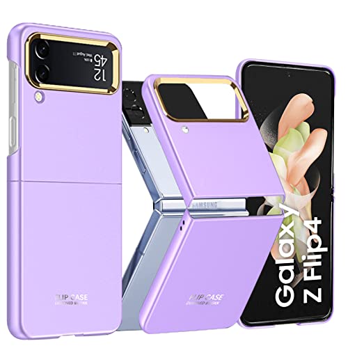 Funda Ultrafina para Galaxy Z Flip 4 2022, Resistente PC Carcasa Rígida Compatible con Samsung Galaxy Z Flip 4 para Mujeres, Protección a Golpes Case con Bumper Dorado para Z Flip 4 -Violeta Cover