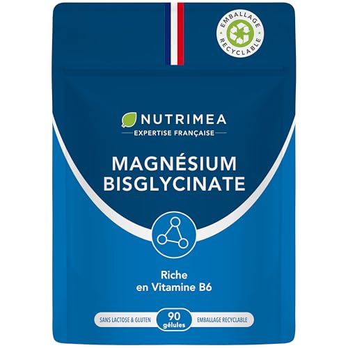 Magnésium Bisglycinate + Vitamine B6 - Sommeil, Stress, Fatigue - Absorption Maximale & Assimilation Facilitée - Doypack 90 Gélules Vegan - Nutrimea - Fabriqué en France