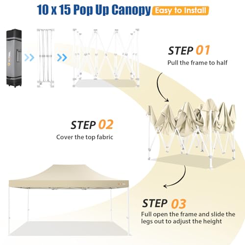 Image of HOTEEL 10x15 Pop up Canopy Tent for Parties, Heavy Duty Easy Setup Tent Without Sidewalls, Outdoor Commercial Instant Gazebo for Wedding Event, with Roller Bag & Sand Bags, Khaki(Hexagonal Frame)
