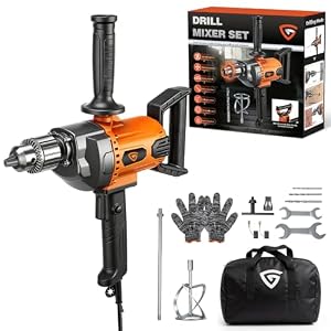 Drill Mixer Set, 20 Amp Corded Mixing Drill with 5/8″ All-Metal Chuck, 1100 RPM Heavy Duty Concrete Mud Mixer with 360° Adjustable D-Handle for Cement Mortar Paint Grout Plaster Thinset