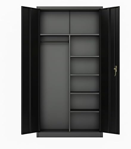 Armario de acero con puertas de bloqueo, estantes ajustables y barra para colgar, armario de almacenamiento de metal grande para ropa, herramientas,
