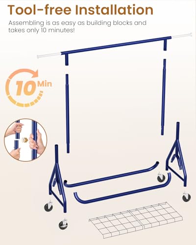 Image of Heavy Duty Clothing Rack, Metal Clothes Rack Load 450 LBS, Rolling Coat Racks for Hanging Clothes with Lockable Wheels, Wardrobe Closet Garment Racks for Bedroom, Navy Blue