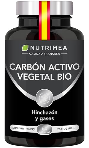 Carbón Activo Vegetal BIO 100% Natural - Gases, Hinchazón y Digestión - 95% de Carbono Alta Adsorción - 60 Cápsulas Veganas - Nutrimea
