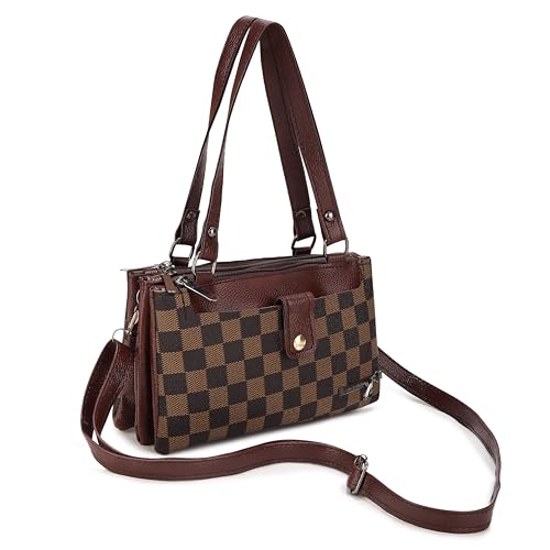 Image of AVERAA Women's 3-Compartment Checkerboard Sling Bag | Premium Faux Leather Crossbody Handbag with Adjustable Long Strap & Double Top Handles | Stylish Messenger Bag for Office, Travel & Casual Use