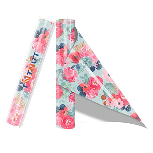 Tintnut Flower Heat Transfer Vinyl Roll - 12 Inch x 5ft Blue Watercolor Rose Floral Pattern HTV Iron On Vinyl DIY T-Shirts Hats Clothes Canvas Bags