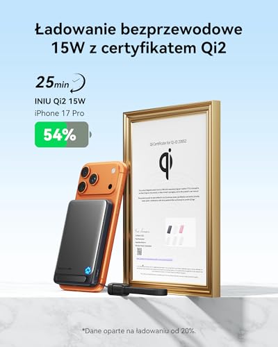 INIU Magnetyczne Powerbank, 10000mAh Certyfikowany Qi2, 15W Bezprzewodowe Szybkie Ładowanie, 45W USB-C in&out Przenośna Ładowarka ze Składana Nóżka do iPhone 16 15 14 13 12 AirPods 3 Pro 2
