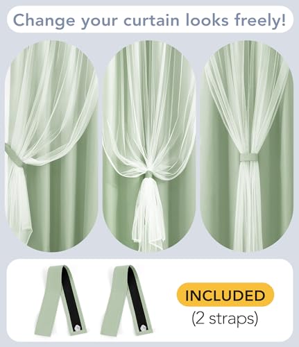 Image of 100% Blackout Curtains with Sheer Overlay, Sage, 52 x 84 inch, 2 Panels | For Bedroom Living Room Window, Room Darkening, Thermal Insulated, Grommet Top, Summer Heat Blocking, Double Layer Design