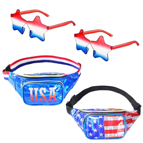 2 Set Holographic USA Flag Fanny Packs & Star Sunglasses, 4t
