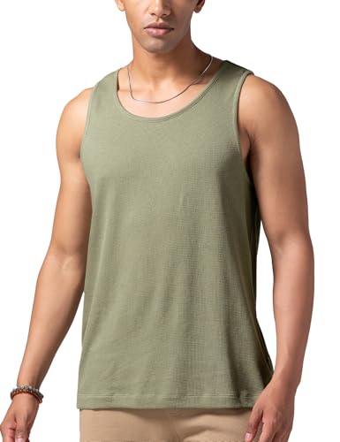 Image of DAMENSCH Relaxed Fit Cotton Rich Blend Waffle Texture Anti- Bacterial Super Premium Solid Tank Top Gym T Shirts for Men Pack of 1
