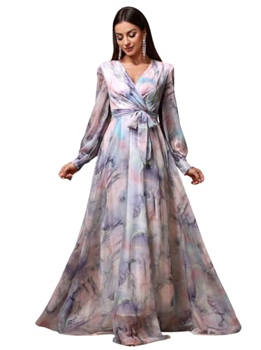Image of LITZO Dress for Women || Women's Printed Wrap Maxi Gown || V‑Neck Long Sleeve Belted Flowy Dress for Parties, Weddings & Evening Events || Lightweight Sheer Layer Western Outfit (T-L-14-16)