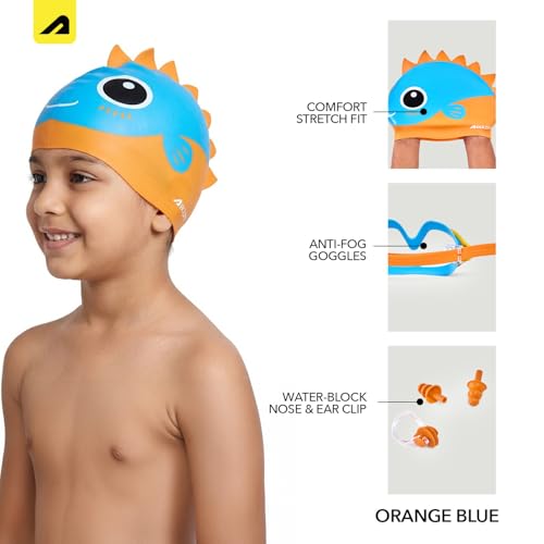 Image of Boldfit Dino Theme Kids Swimming Set, 5-in-1 Combo with Silicone Swim Cap, Anti-Fog Adjustable Goggles, Earplugs & Nose Clip, Leak-Proof, Comfortable & Durable Swim Kit for Boys & Girls