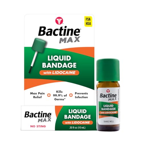 Bactine MAX Liquid Bandage with Lidocaine – Wound Cleaning Liquid Bandage for Skin – Kills 99% of Germs, Covers, Protects – Skin Glue for Wounds – .30 fl. Ounce