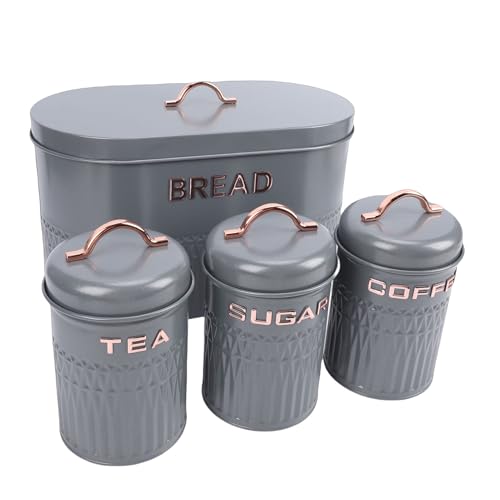Asixxsix Broodtrommel met Bussenset, Metalen Broodtrommel Suiker Thee Koffie Opslagcontainer met Deksel Boerderij Decoratie Koekjesblik Set Droge Voedselorganizer voor Keukenaanrecht (GREY)