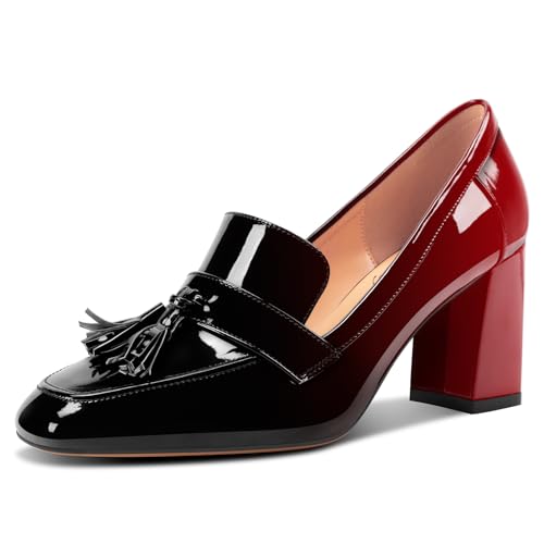 DearOnly Womens Patent Leather Loafers Square Toe Mid Chunky Block Heel Pumps Slip-on Tassel Loafers Office Dress Shoes 3.2 Inches Heels