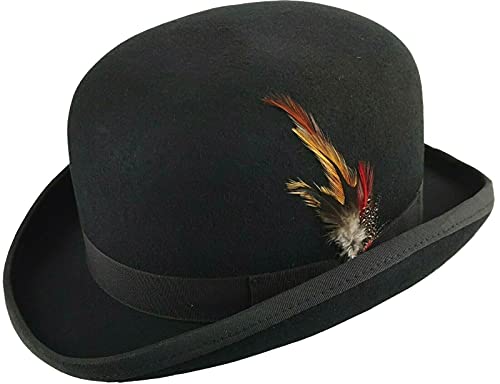 MAZ - MAZ Hard Felt Bowler Hat 100% Wool Bowler Hat PVC Lining Removable Feather (Medium 57 cm)