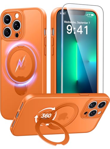 Image of FNTCASE for iPhone 13 Pro Case: [360 Spin Magnetic Stand] [Compatible with Magsafe] [Screen Protector] Translucent Matte Military Grade Shockproof Full Camera Protective Phone Cover - Orange