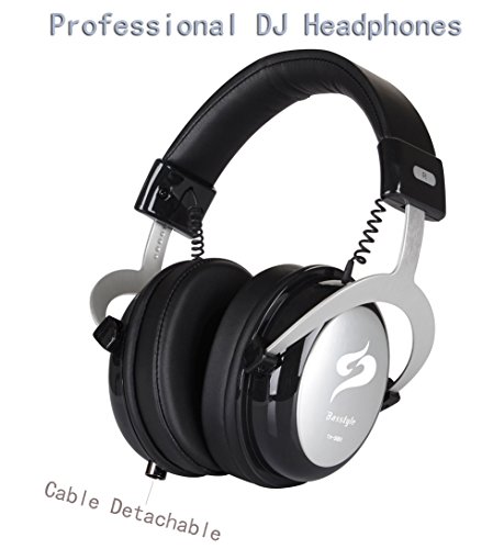 DJ Headphones for Recording Monitoring and Mixing, Over Ear Headset Hands Free Earphones with Mic, 64Ω 50mm Driver, High Protein Ear Cup, Detachable Cord, for Cell Phones Studio Radio Station – Silver