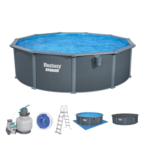 Bestway Hydrium Stahlwandpool Komplett-Set rund 488 x 132 cm Holz-Optik Grau Gartenpool Aufstellpool Sandfilter