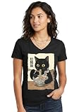 Cat Eating Ramen T-Shirt, Funny Kitty Gift Kawaii Japanese Anime Shirt for Women - (Vneck,M)