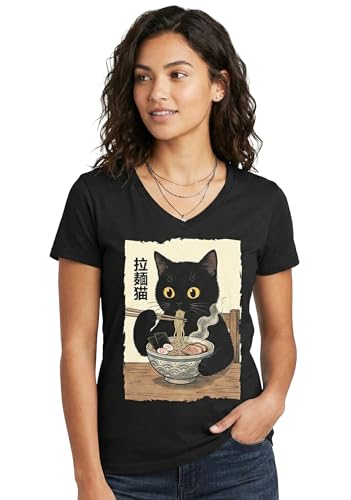 Cat Eating Ramen T-Shirt, Funny Kitty Gift Kawaii Japanese Anime Shirt for Women - (Vneck,XL)