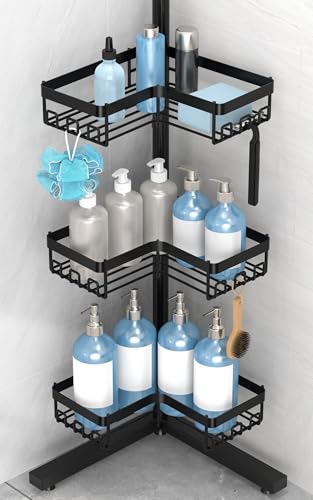 KEGII Standing Shower Caddy Corner, 3 Tier Adjustable Shelves Rustproof Floor Shower Organizer with 18 Hooks and Adjustable Feet, Bathroom Corner Shelf Rack, Black