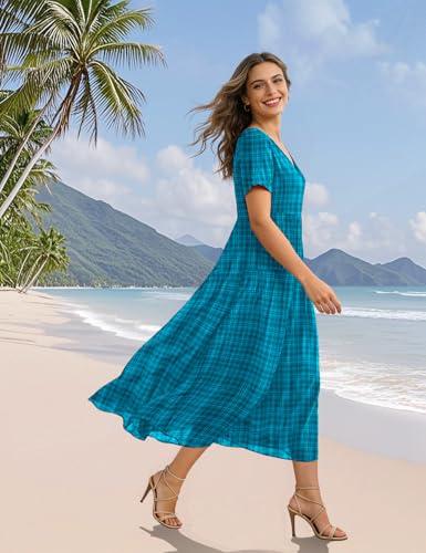 Image of YESNO Women's Summer Maxi Dresses Casual Floral Short Sleeve V Neck Boho Beach Vacation Swing Dress with Pockets EVF