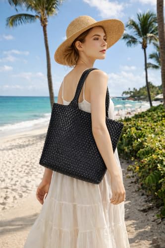 Image of BAGOK Woven Tote Bag for Women, Handwoven Vegan Leather Shoulder Bag with Clutch, Large Tote for Work, Travel & Beach