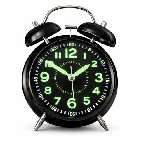 Image of JASIFS Analog Alarm Clock for Heavy Sleepers Loud Clock for Adults, Metal 4 Inches Twin Bell Table Clock with Backlight Alarm Clocks for Students Decoration Bedroom /Office (Metal Black Luminous)