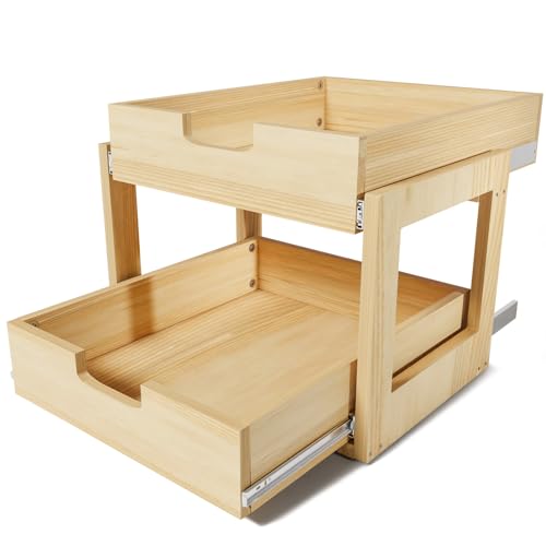 Gsskny Pull Out Cabinet Organizer, 14''W×21''D Sliding Drawers for Cabinets, 2 Tier Soft Close Slide Out Wooden Pull out Drawers, Base Cabinet Organization for Kitchen, Pantry, Bathroom