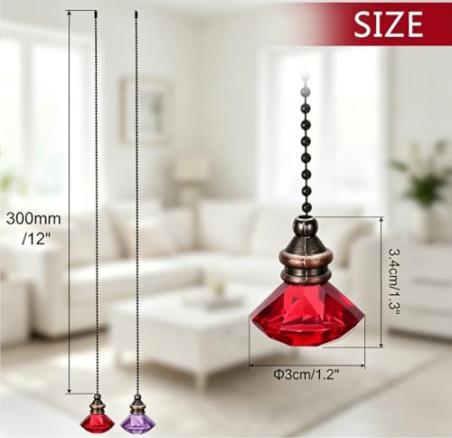 Image of 2pcs Crystal Diamond Ceiling Fan Pull Chain Ornament, 12 inch Ball Chains Red & Purple Fan Light Pulls Decorative Extension with Connector