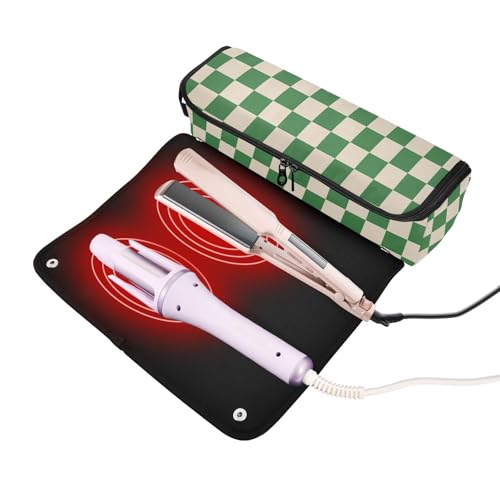 Bolsa de Viaje para Herramientas de Cabello y Alfombrilla Resistente al Calor con Cierre, Organizador para Plancha y Accesorios de Cuidado Capilar, Patrón Cuadrícula Verde Pasto y Beige miniatura 2