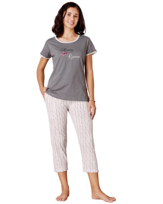 bodycare Women's Cotton Printed T-Shirt and Capri Set | Soft & Breathable Nightwear | Short Sleeves | Loungewear Co-Ord Set BSCS16040-picture-53
