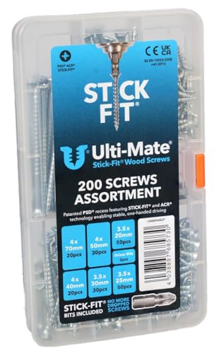 Ulti-Mate Stick-Fit Woodscrews - Mini Case Assortment - 200 pcs (Bright Zinc Plated)
