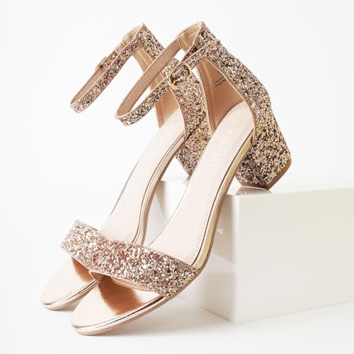 Image of J. Adams Daisy Heeled Sandals - Ankle Strap Low Block, Open Toe Dress Pumps, Chunky Heels - Dressy Shoes for Women - Bridal, Wedding, Summer Sandals