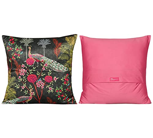 Image of India Circus by Krsnaa Mehta Peacock & Conifer Multicolor Satin Blend Cushion Pillow Covers Set of 5 (16 x 16 Inches), 110 TC