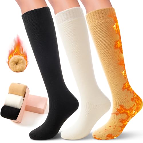 Image of SISOSOCK 3 Pairs Warm Knee High Socks for Women Winter Thick Soft Extreme Cold Weather Thermal Boot Socks with Gifts Box