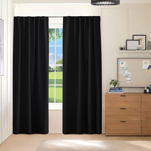 PONY DANCE Blackout Curtains Thermal Insulated Window Treatment Panels Back Tab/Rod Pocket Bedroom Draperies,70x84 Inch,Black,2 Panels