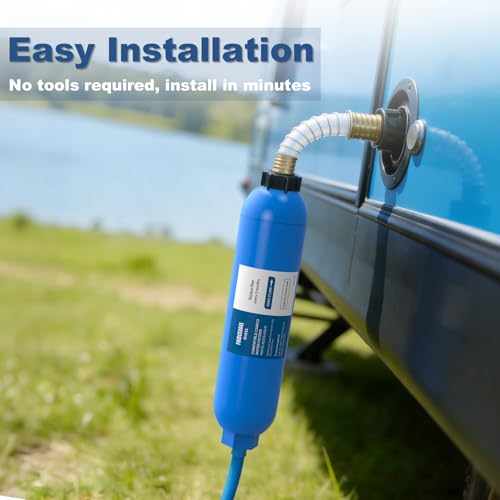 FOIRCEADAL RV Water Filter with 2 Flexible Hose Protector, NSF Certified, 4 Pack Inline Water Filter Reduces Chlorine, Bad Taste, Odor, Sediment, RV Accessories for Campers, Marine, Garden Hose, Boat
