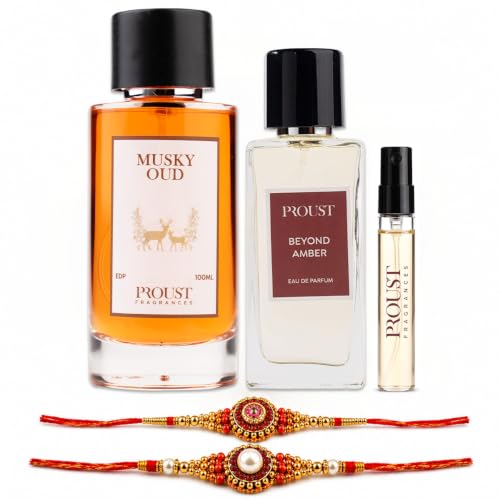 Image of PROUSTFRAGRANCES Musky Oud Perfume 100ml Raksha Bandhan Fragrance Gift Set | Beyond Amber EDP 50ml, 2 Rakhis & 1 Fragrance Tester included | Premium festive perfume combo with woody, musky & amber notes