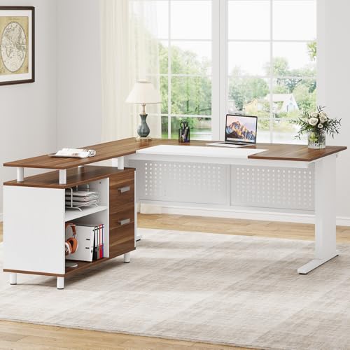 Image of Tribesigns 63 Inch Executive Desk with File Cabinet, L Shaped Office Desk with Drawers and Storage Shelves, Business Furniture Set Workstation for Home Office, White and Walnut