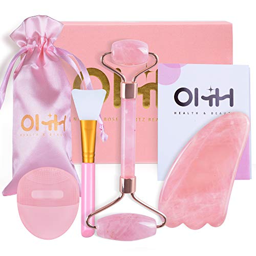 Jade Roller and Gua Sha Set, OHH 4 in 1 Rose Quartz Roller for Face, Neck, Body, Natural Jade Stone Facial Roller Handcraft Face Beauty Massager for Anti-Aging, Relieve Fine Lines and Wrinkles
