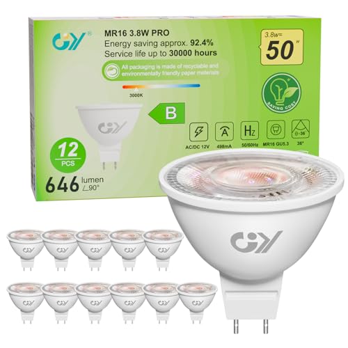 GY GU5.3 MR16 12V Spotlight Bombilla LED 3.8W, Equivalente 60W Bajo Consumo, Blanco Calida 2700K, 663 Lúmenes, Ángulo de haz estrecho 36 ° Spotlight, No Regulable, Pack de 12