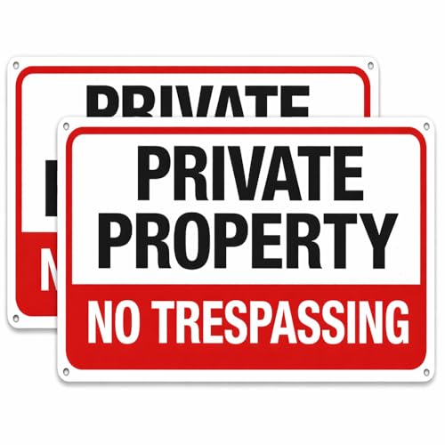 Image of 2-Pack No Trespassing Signs Private Property Metal Sign 10 x 7 In Aluminum | Rust-free aluminum with UV print; weatherproof for yard, fence, gate, farm, driveway, and home entrance