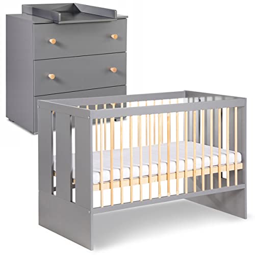 Mon Mobilier Design Pauline Ensemble Commode à Langer + lit bébé Gris/Bois 120x60 cm
