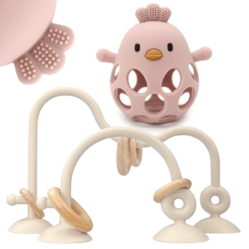 Image of Baby High Chair Suction Toys Teething Chew - Baby Table Toys, Teething Toys Silicone Teethers, Food Grade Silicon for 6 12 18 Months (Beige Rosepink)